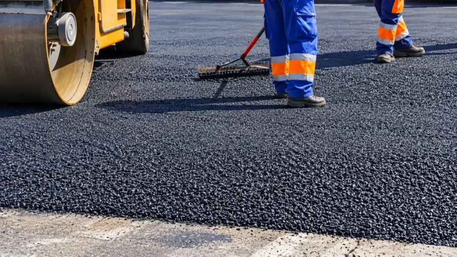 مدحلة تدك سطح الأسفلت وعامل يسوّي الحواف بعد فرد الطبقة في موقع مقاول سفلتة